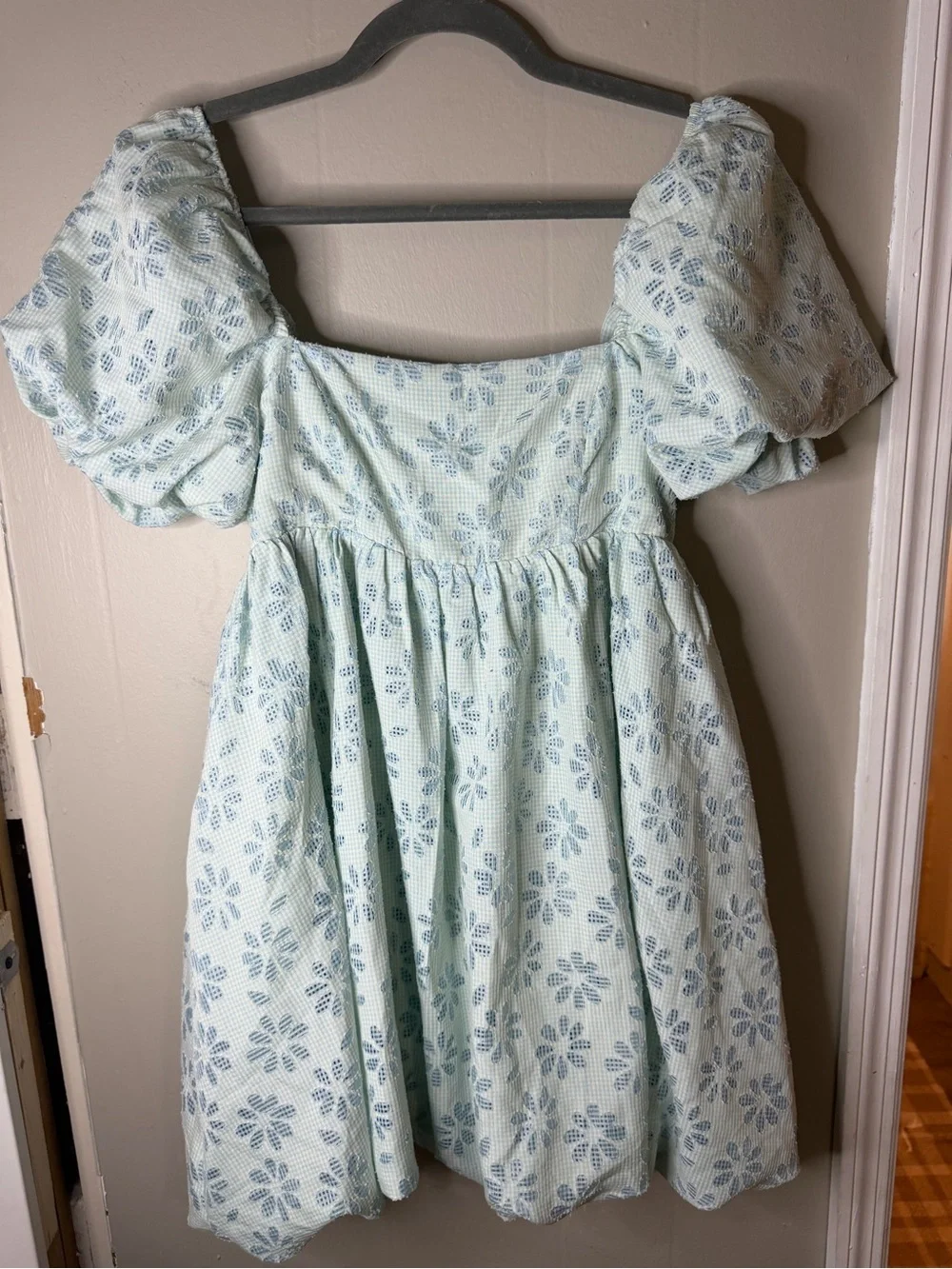 Storia Mini Mint Green Gingham Pattern Square Neck Babydoll Dress Size Small